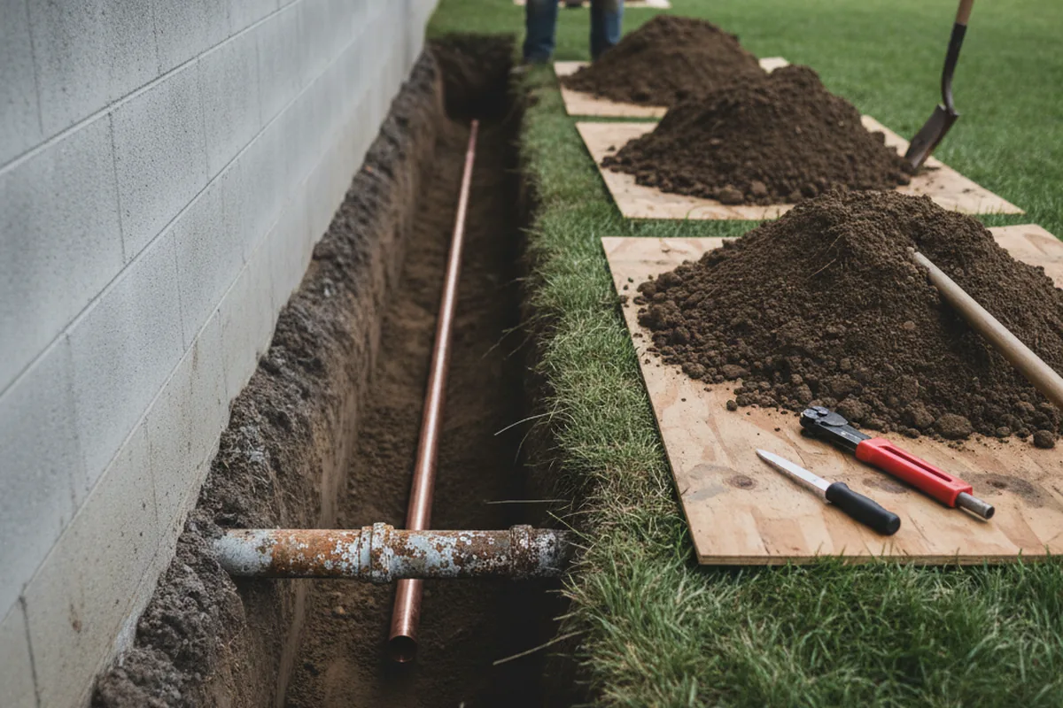 Excavated water line trench during Water Heater Repair in Luning